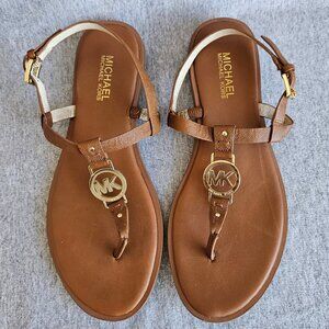 Michael Kors Sondra Thong Sandals Size 8 Brown Leather Gold Detail Casual Party